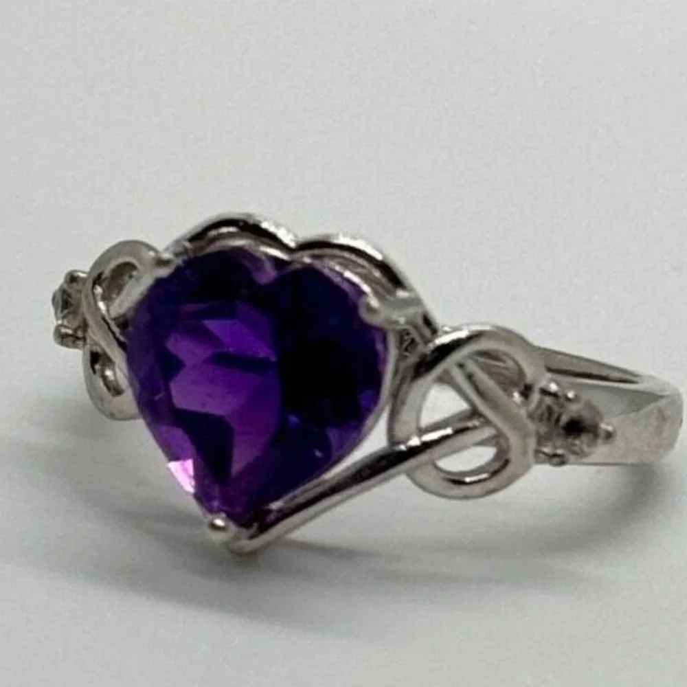 925 STERLING SILVER AMETHYST & GOSHENITE HEART RING SIZE 6